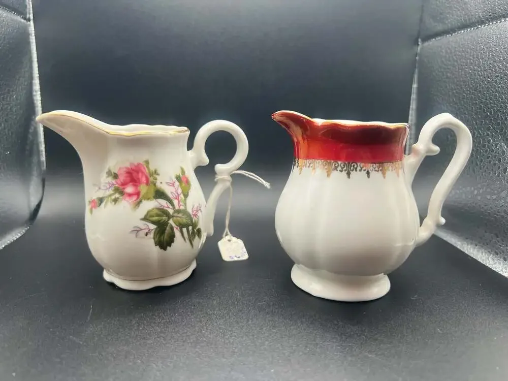 Vintage Japanese Porcelain Floral and Red-Gold Trim Creamer Pitchers (Set of 2)